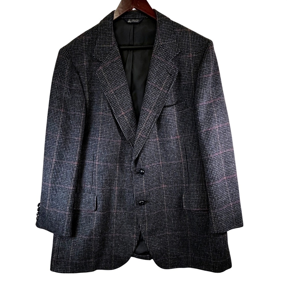 Vintage Kuppenheimer Blazer Men 44R Dark Gray Houndstooth Wool Sport Coat USA